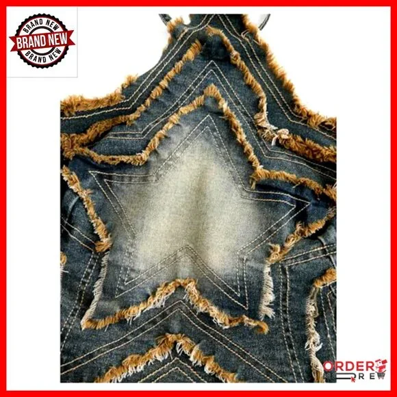 Denim Halter Top Y2K Backless Tie Back Raw Hem Crop Party Club Wear - Picture 3 of 4